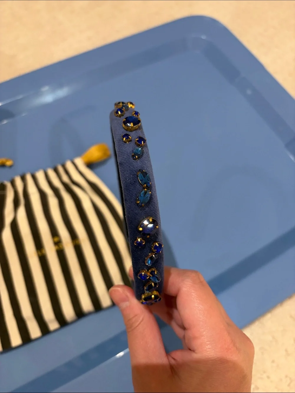 Lele Sadoughi Navy Blue Headband with Gold Stud Accents